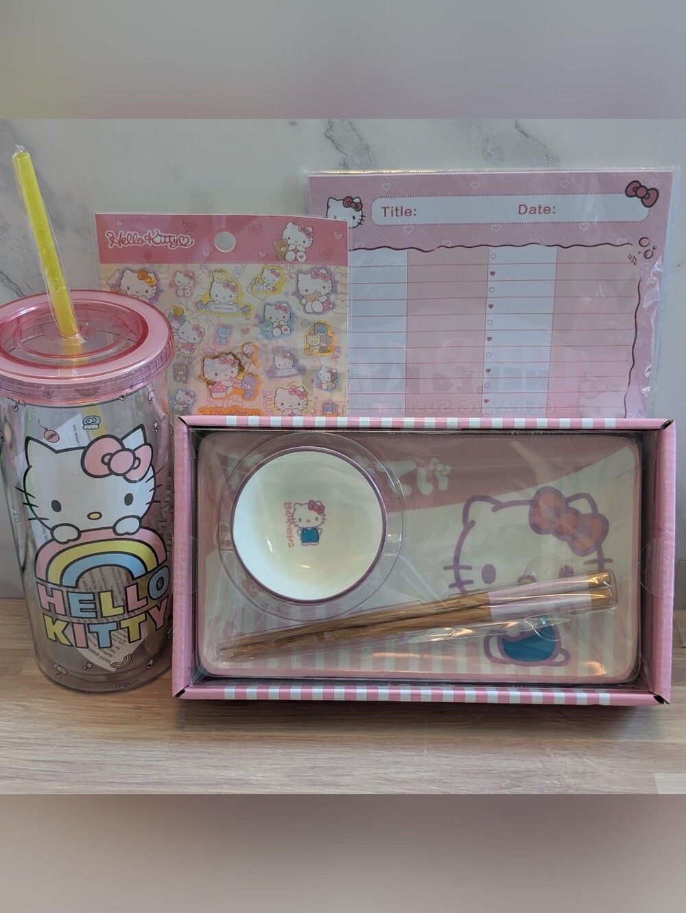 Hello Kitty Pink Sushi Plate Set With Tumbler